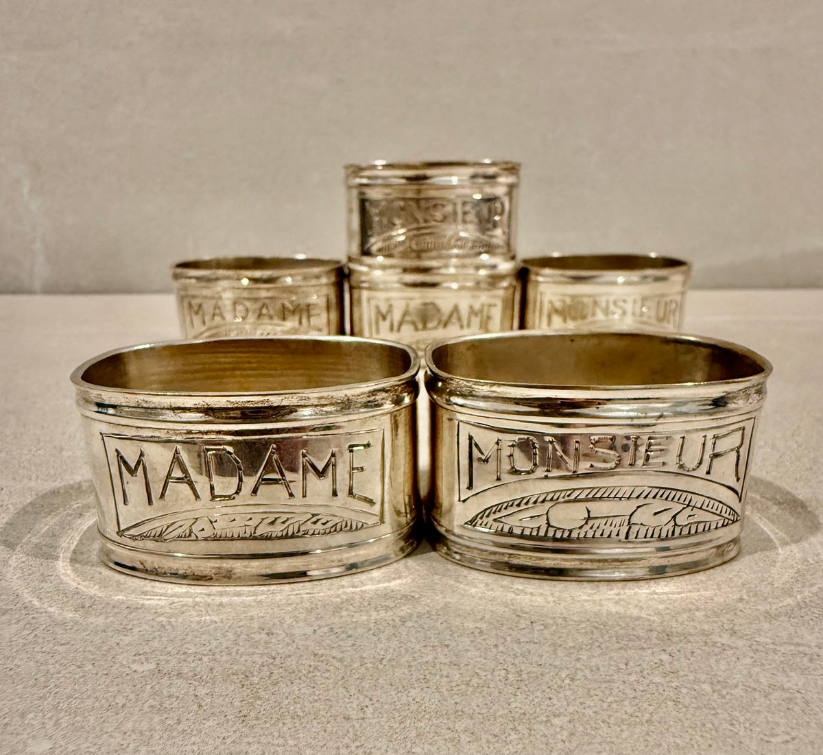 Vintage French Madame Monsieur Napkin Rings Set of 6 | Silver Tableware