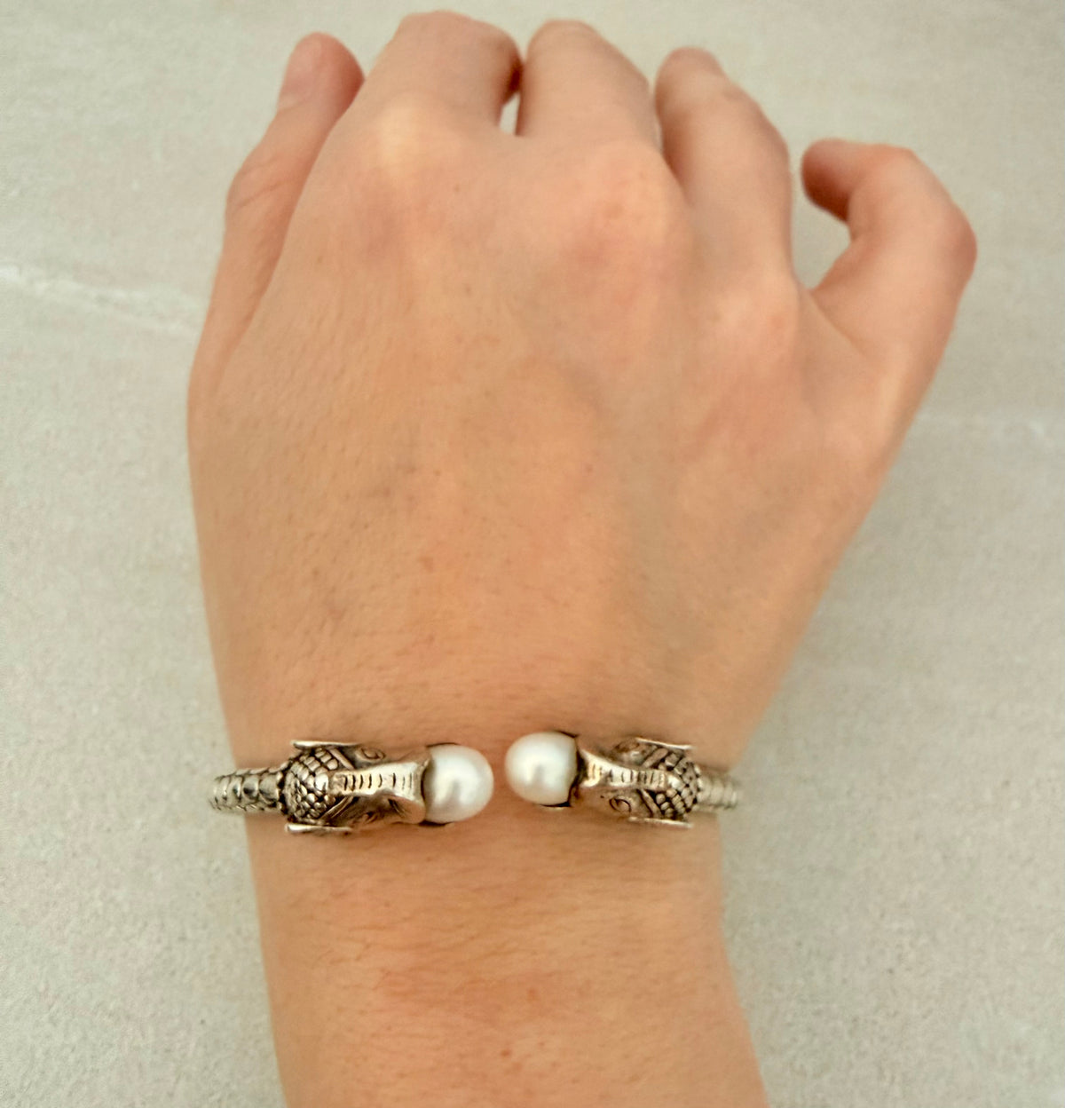Sterling Silver Elephant Cuff Bracelet with Pearls