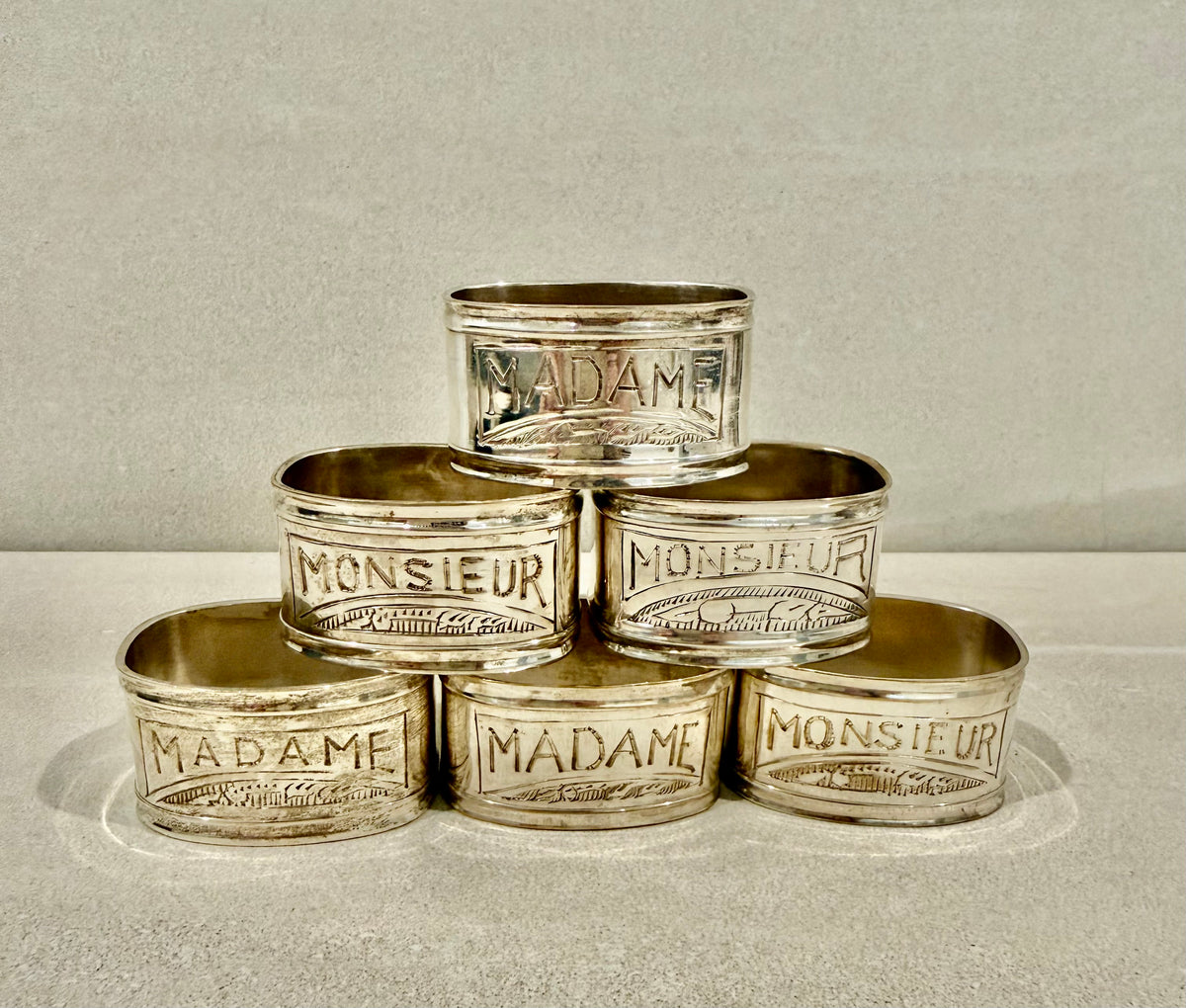 Vintage French Madame Monsieur Napkin Rings Set of 6 | Silver Tableware