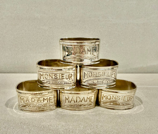 Vintage French Madame Monsieur Napkin Rings Set of 6 | Silver Tableware