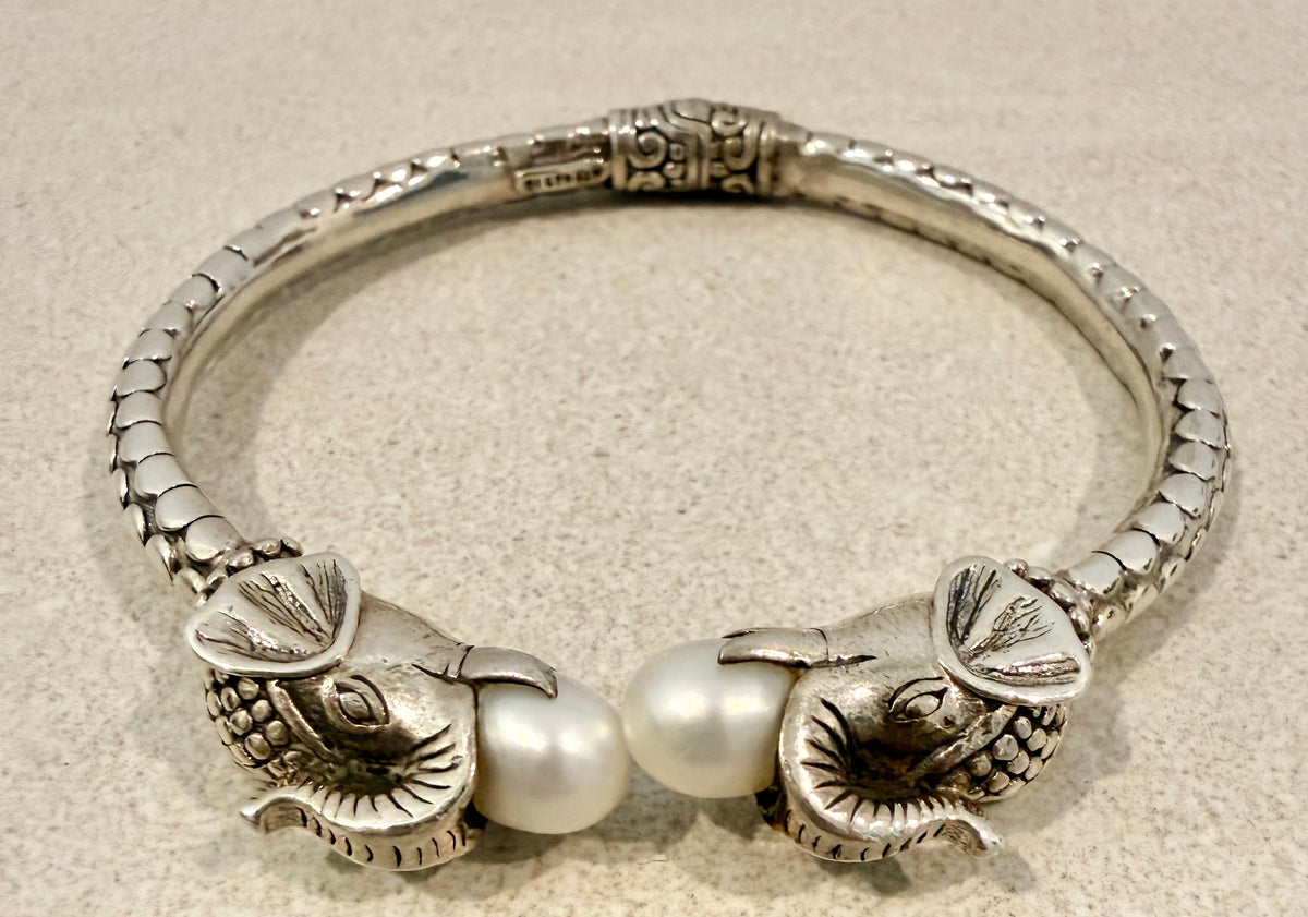 Sterling Silver Elephant Cuff Bracelet with Pearls