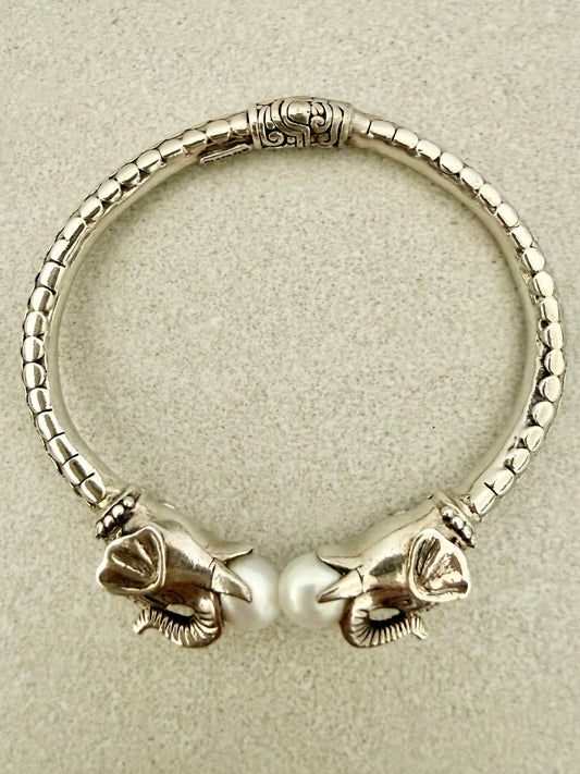 Sterling Silver Elephant Cuff Bracelet with Pearls