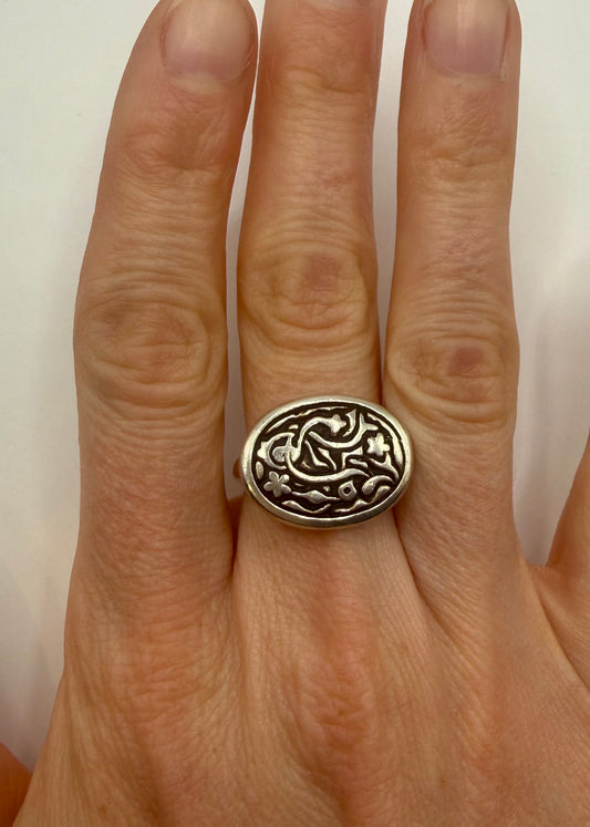 Vintage 925 Sterling Silver Nature-Inspired Signet Ring | Unisex Size 7.5